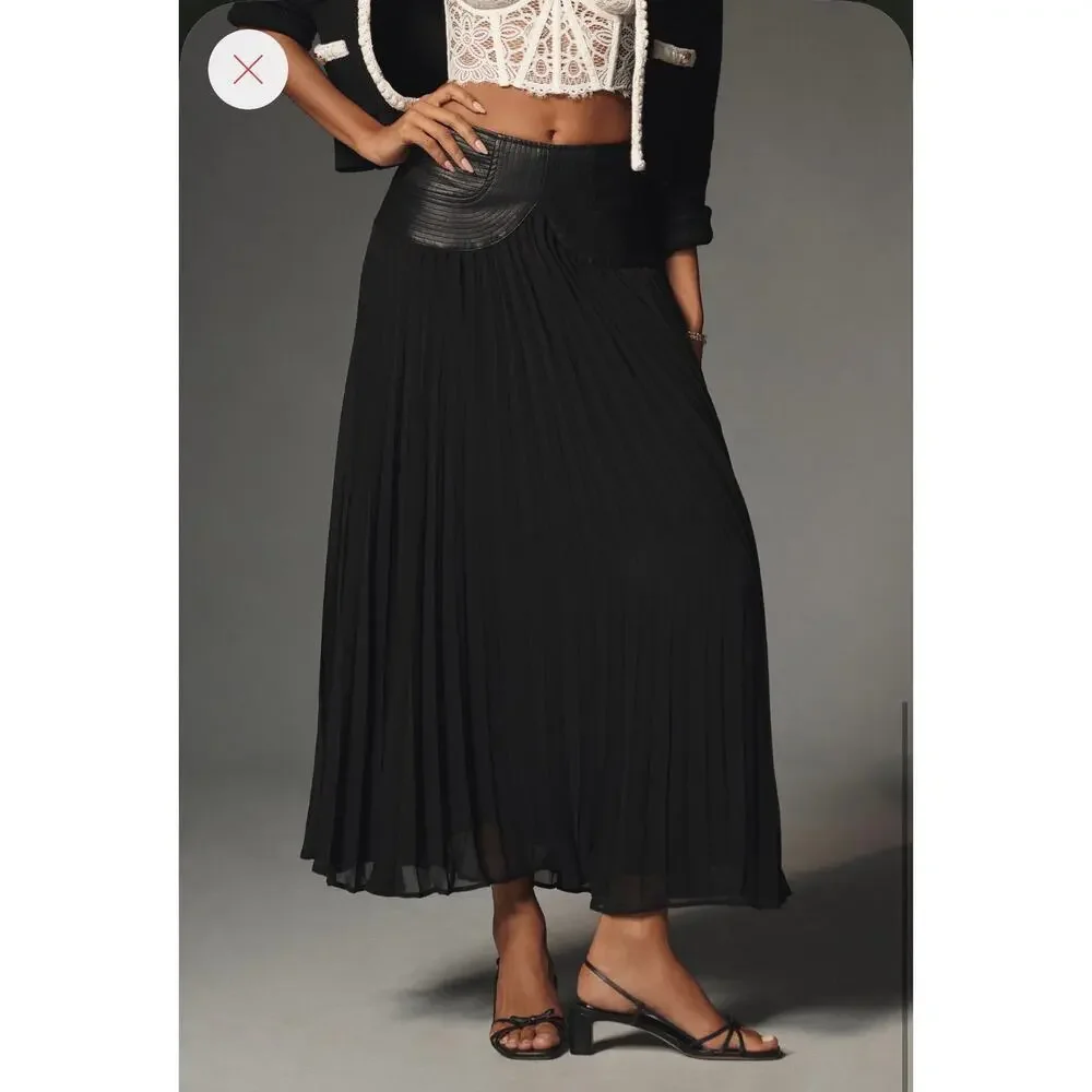 By Anthropologie Black Maxi Skirt 16 Faux Leather Yoke Goth Sheer Flowy